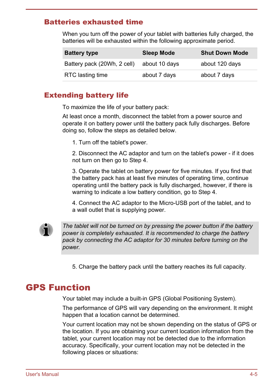Batteries exhausted time, Extending battery life, Gps function | Gps function -5 | Toshiba WT8-A User Manual | Page 38 / 77