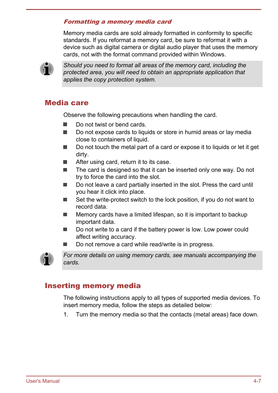 Media care, Inserting memory media | Toshiba WT8-A User Manual | Page 40 / 77