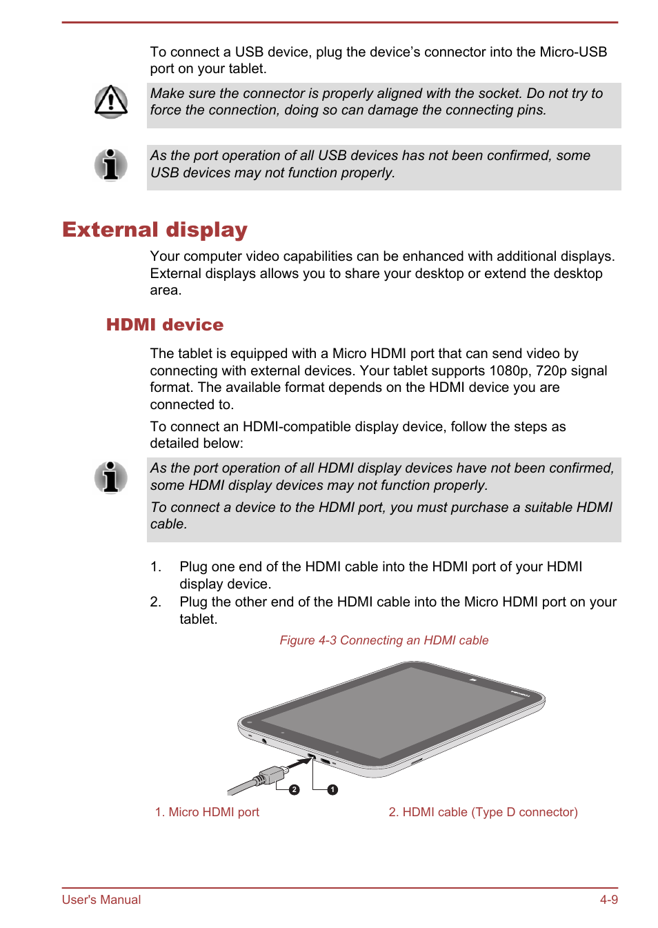 External display, Hdmi device, External display -9 | Toshiba WT8-A User Manual | Page 42 / 77