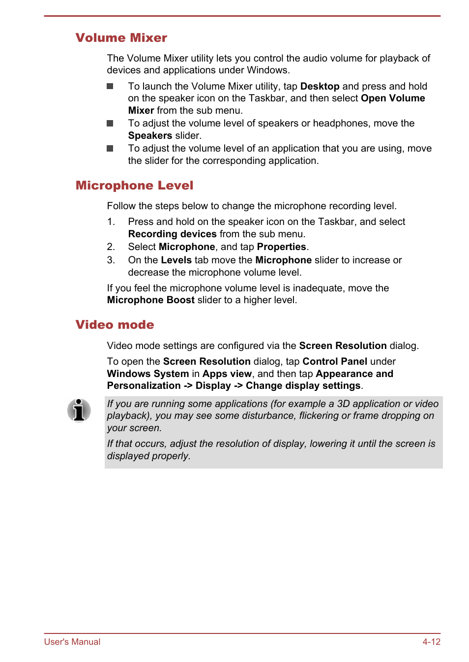 Volume mixer, Microphone level, Video mode | Toshiba WT8-A User Manual | Page 45 / 77