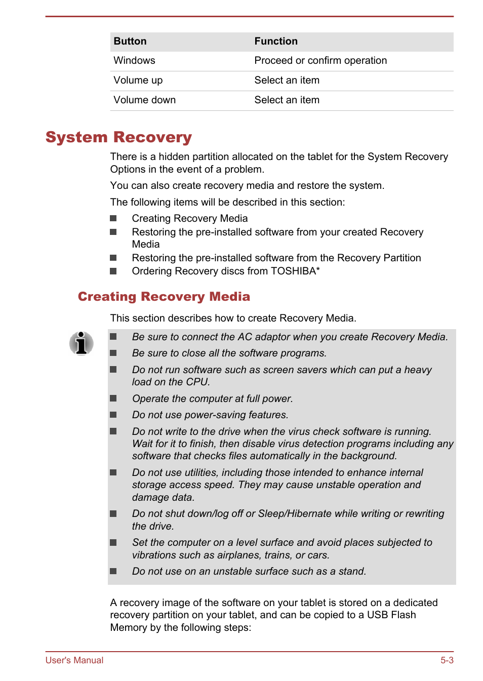 System recovery, Creating recovery media, System recovery -3 | Toshiba WT8-A User Manual | Page 48 / 77