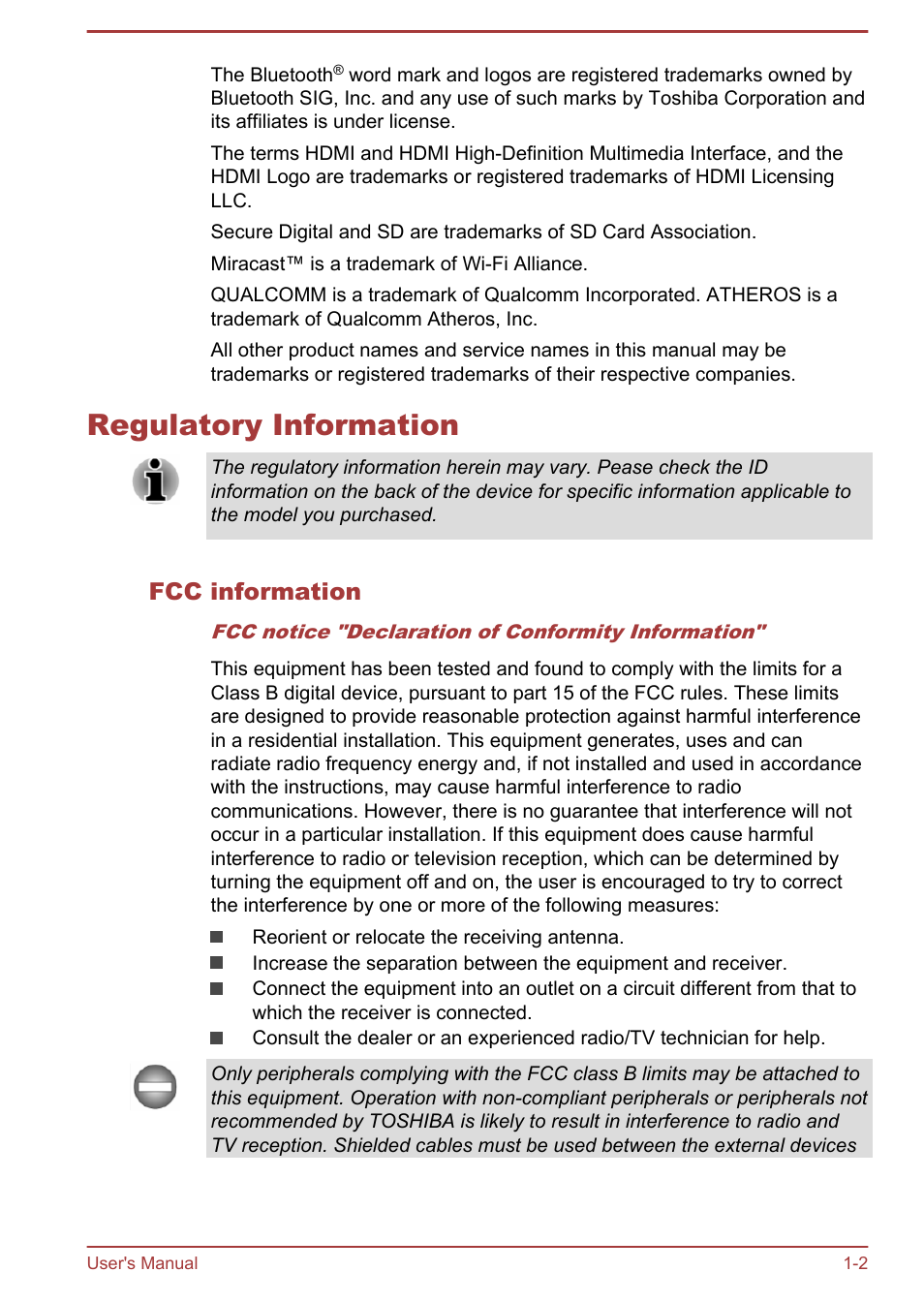Regulatory information, Fcc information, Regulatory information -2 | Toshiba WT8-A User Manual | Page 5 / 77