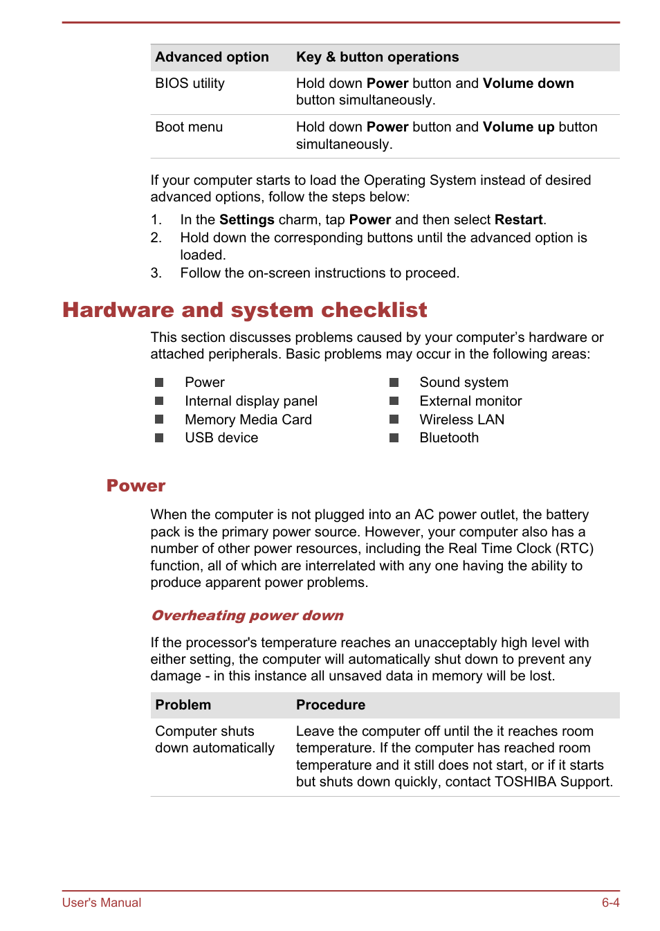 Hardware and system checklist, Power, Hardware and system checklist -4 | Toshiba WT8-A User Manual | Page 55 / 77