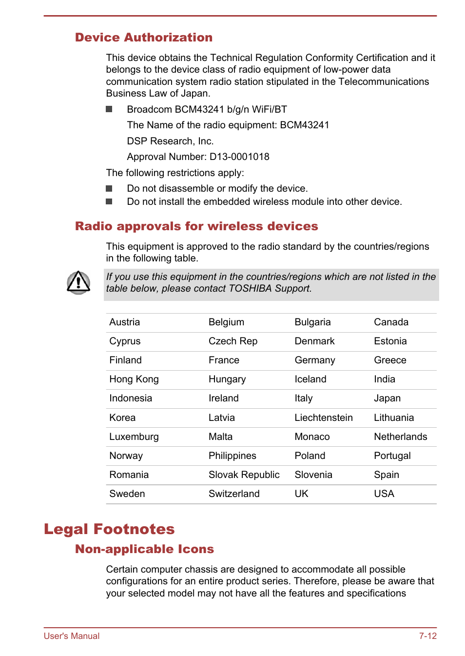 Device authorization, Radio approvals for wireless devices, Legal footnotes | Non-applicable icons, Legal footnotes -12, Legal, Footnotes, Section | Toshiba WT8-A User Manual | Page 73 / 77