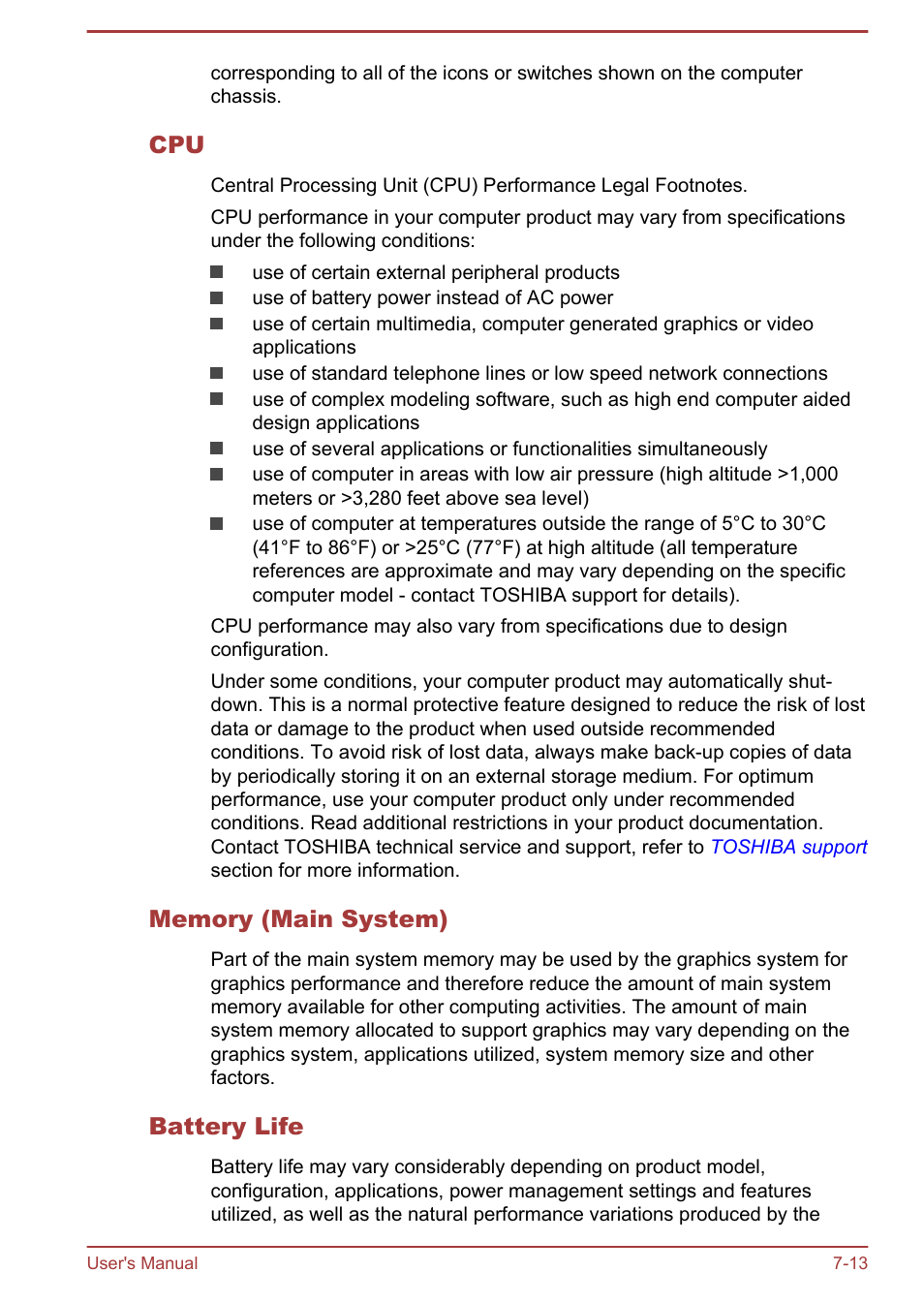 Memory (main system), Battery life | Toshiba WT8-A User Manual | Page 74 / 77