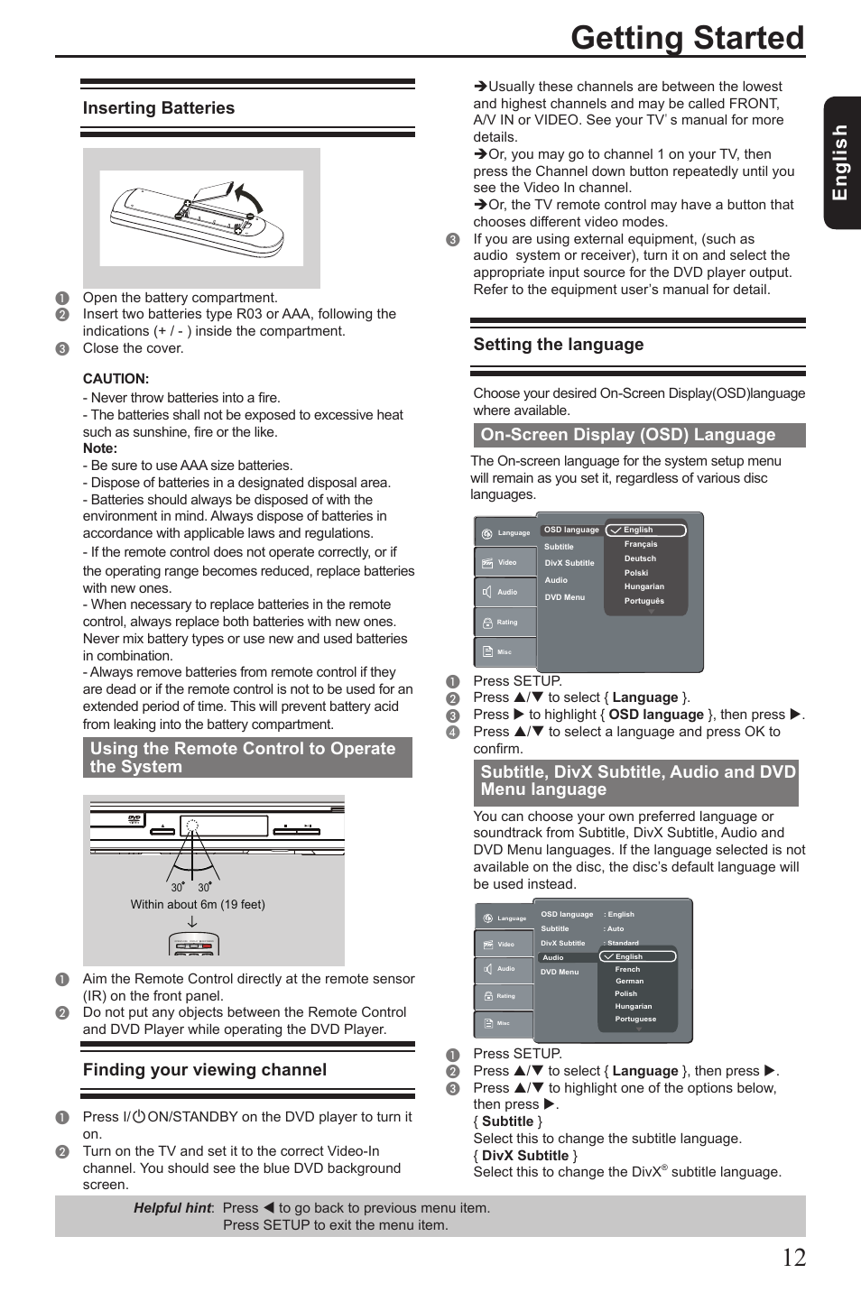 Getting started, Eng lis h, Inserting batteries | Using the remote control to operate the system, Finding your viewing channel, Setting the language, On-screen display (osd) language | Toshiba SD1010 User Manual | Page 13 / 27