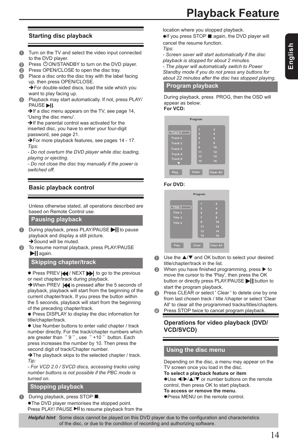 Playback feature, Eng lis h, Starting disc playback | Basic playback control, Pausing playback, Skipping chapter/track, Stopping playback, Program playback, Operations for video playback (dvd/ vcd/svcd), Using the disc menu | Toshiba SD1010 User Manual | Page 15 / 27