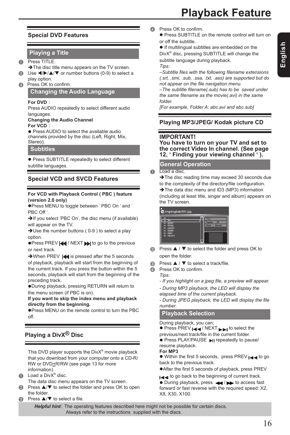 Playback feature, Eng lis h, Special dvd features | Playing a title, Changing the audio language, Subtitles, Special vcd and svcd features, Playing a divx® disc, General operation, Playback selection | Toshiba SD1010 User Manual | Page 17 / 27