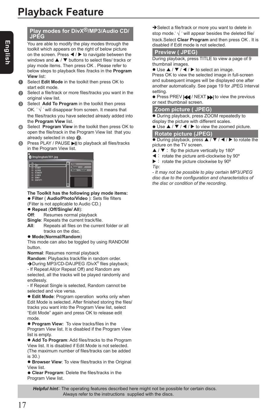 Playback feature, Eng lis h, Preview ( jpeg) | Zoom picture ( jpeg), Rotate picture (jpeg), Play modes for divx®/mp3/audio cd/ jpeg | Toshiba SD1010 User Manual | Page 18 / 27