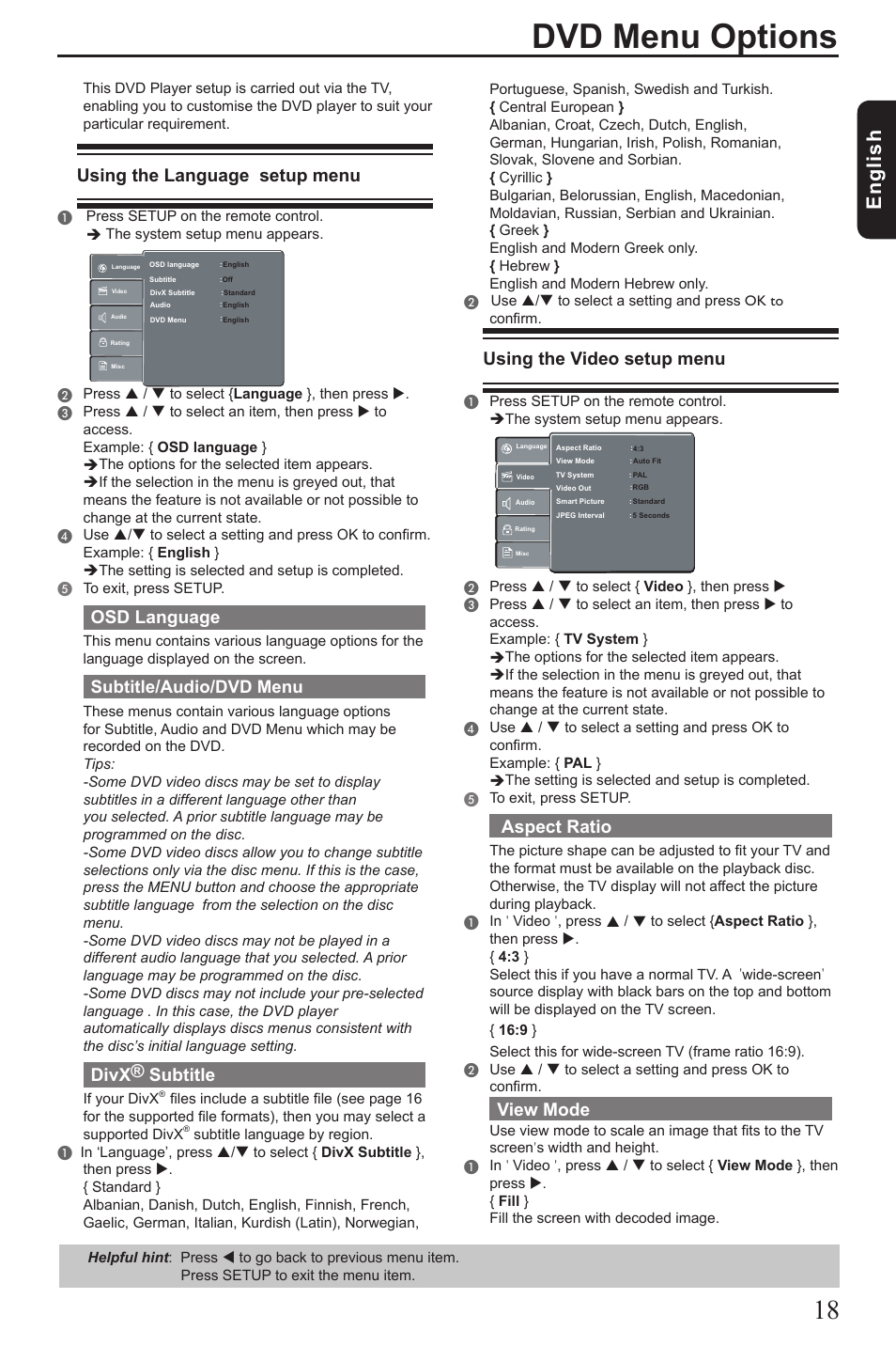 Dvd menu options, Eng lis h, Using the video setup menu | Aspect ratio, View mode, Using the language setup menu, Osd language, Divx® subtitle, Subtitle, Audio/dvd menu | Toshiba SD1010 User Manual | Page 19 / 27