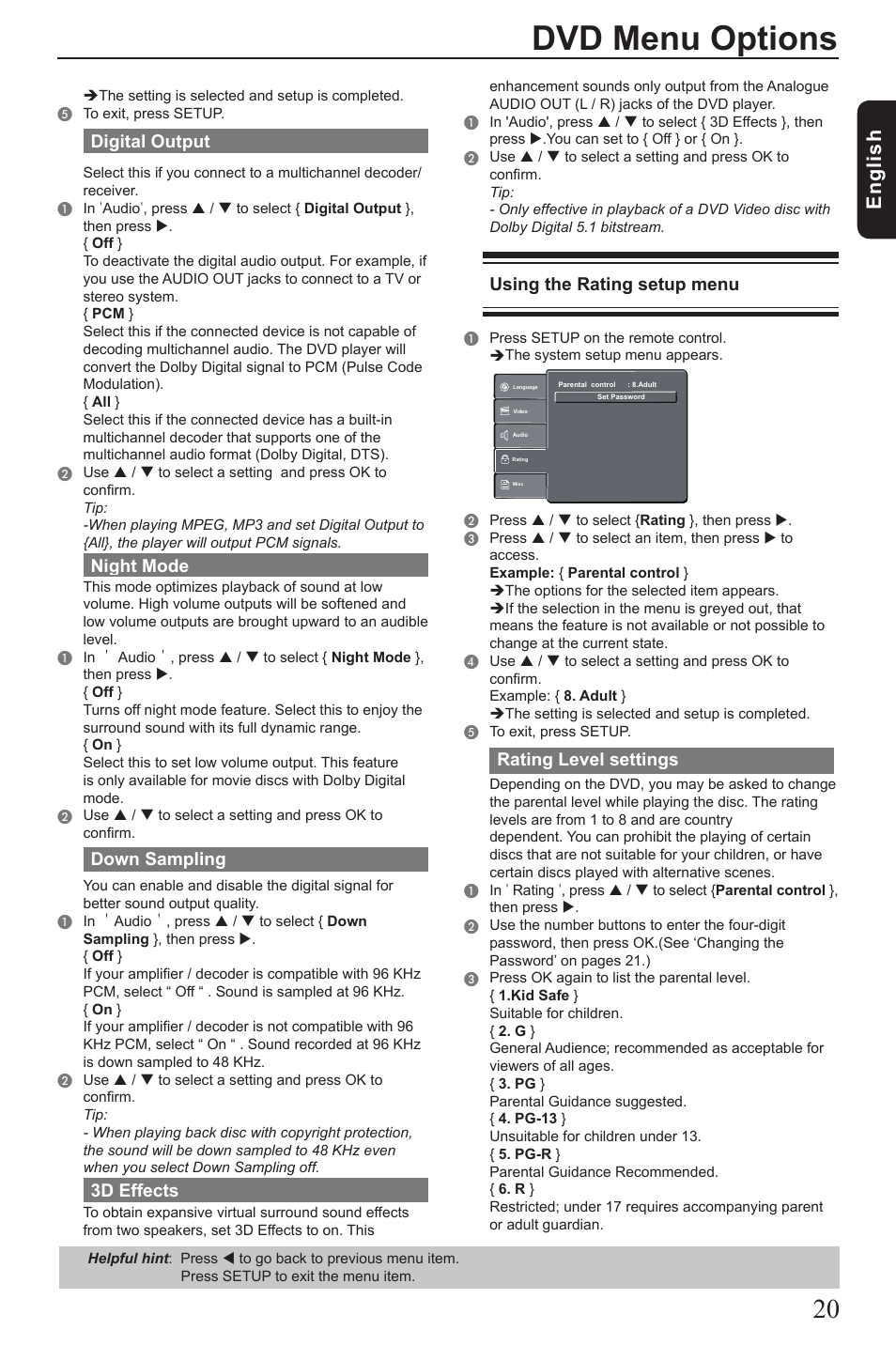 Dvd menu options, Eng lis h, Digital output | Night mode, Down sampling, 3d effects, Using the rating setup menu, Rating level settings | Toshiba SD1010 User Manual | Page 21 / 27