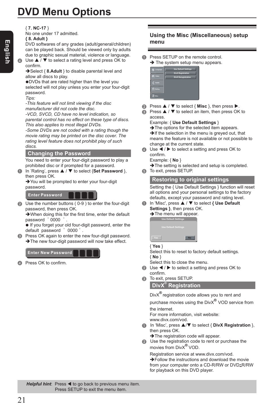 Dvd menu options, Eng lis h, Changing the password | Using the misc (miscellaneous) setup menu, Restoring to original settings, Divx, Registration | Toshiba SD1010 User Manual | Page 22 / 27