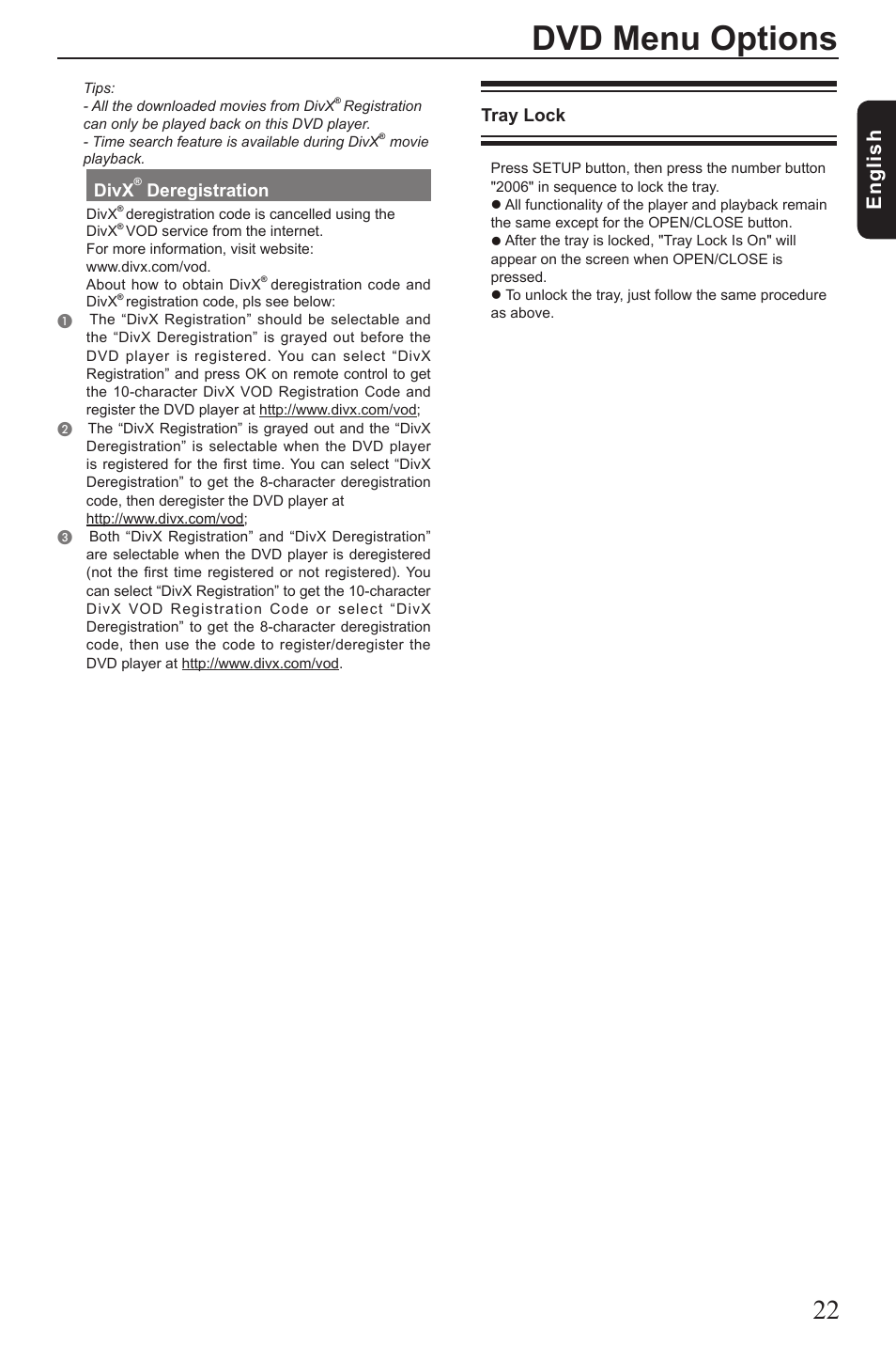 Dvd menu options, Eng lis h, Divx | Deregistration, Tray lock | Toshiba SD1010 User Manual | Page 23 / 27