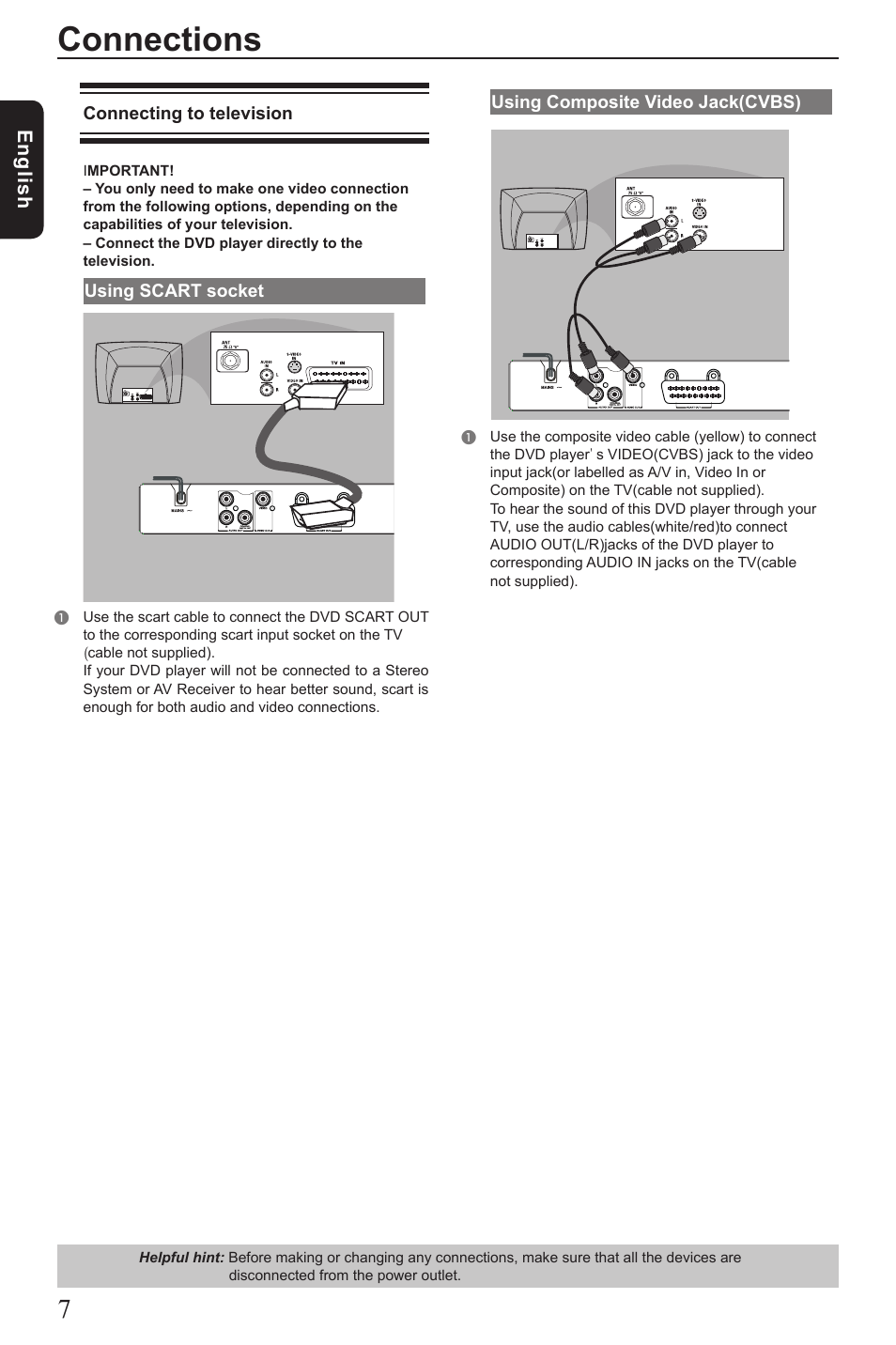 Connections, Eng lis h | Toshiba SD1010 User Manual | Page 8 / 27