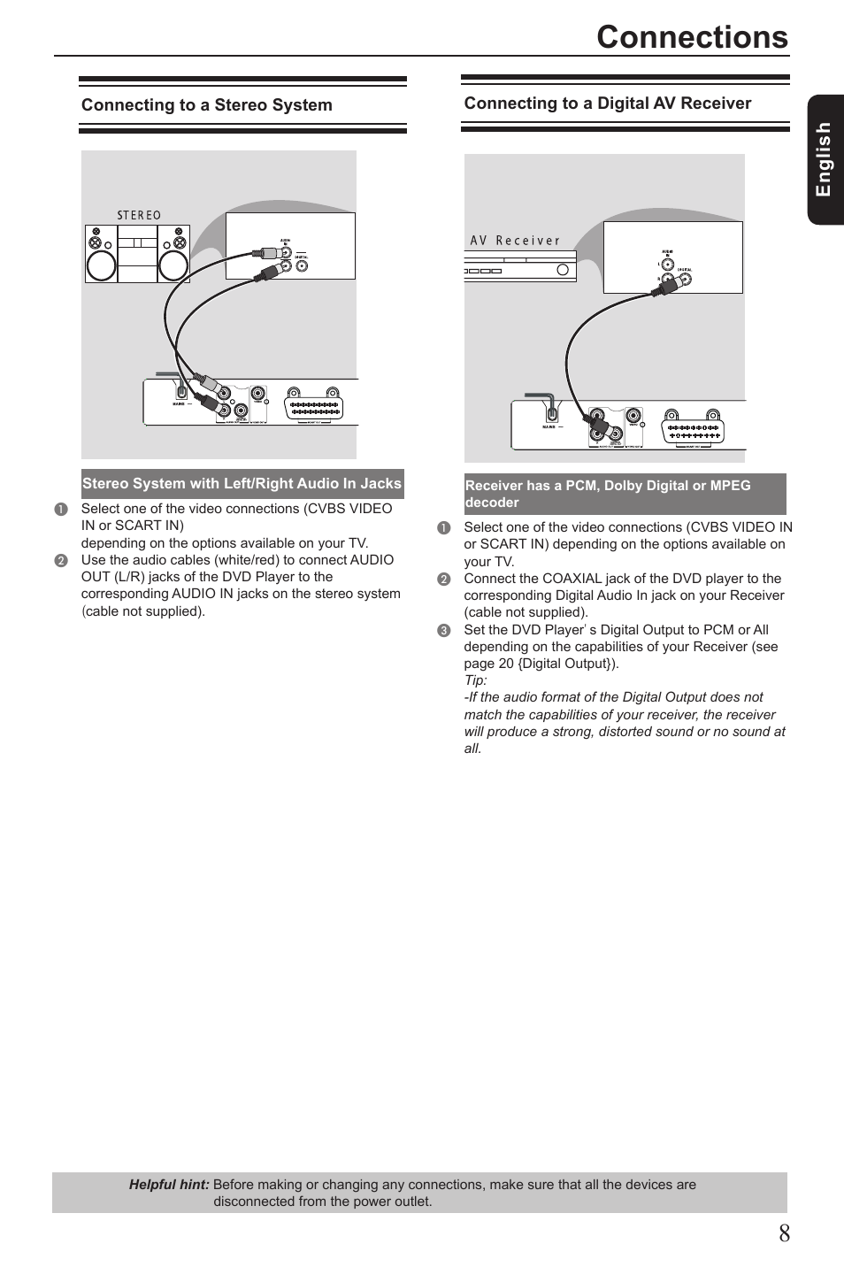 Connections, Eng lis h | Toshiba SD1010 User Manual | Page 9 / 27