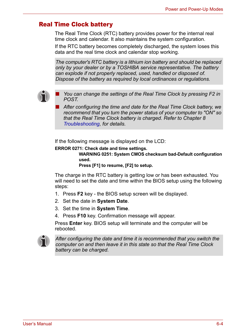 Real time clock battery, Real time clock battery -4 | Toshiba Satellite L10 User Manual | Page 100 / 170