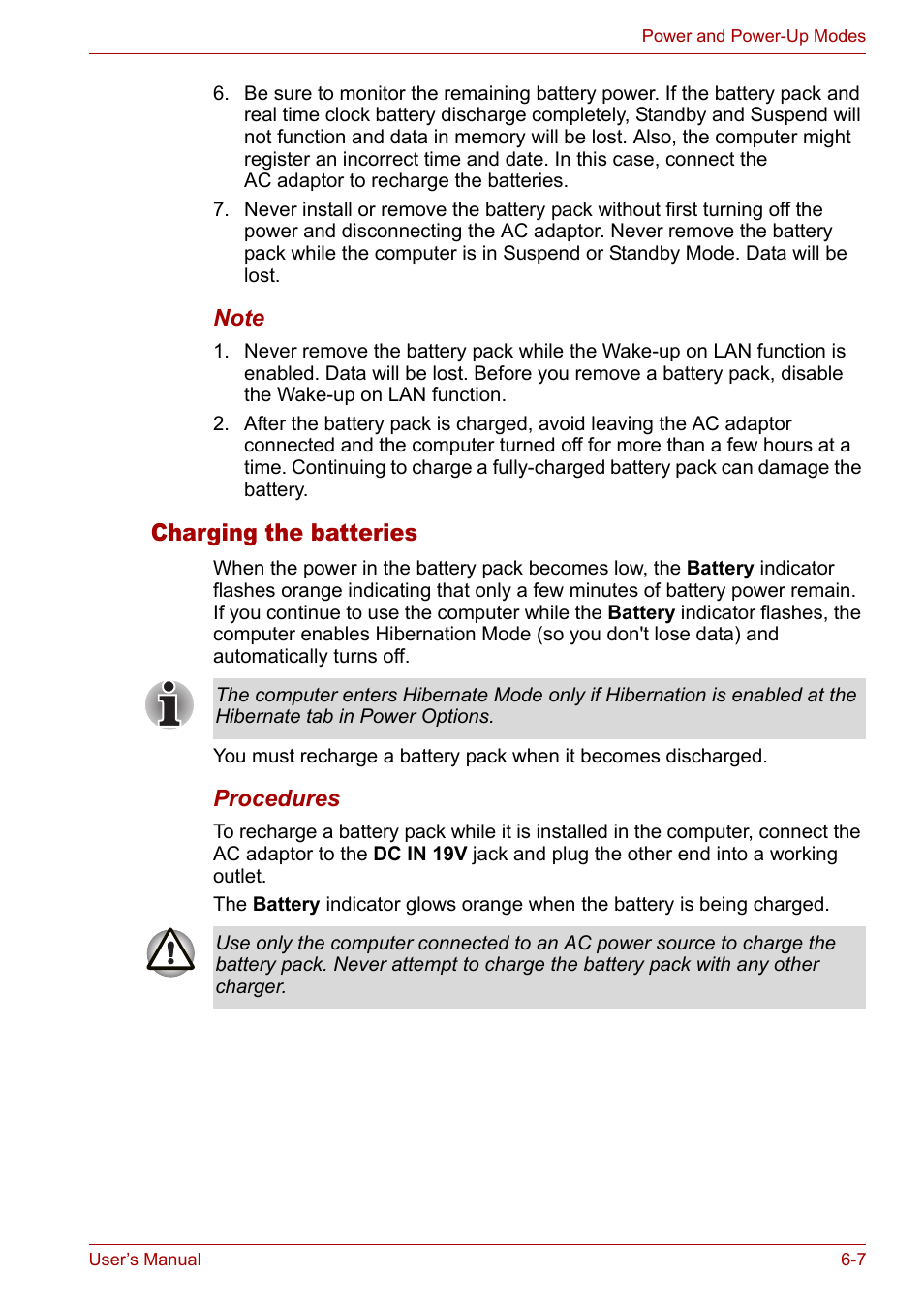 Charging the batteries, Charging the batteries -7 | Toshiba Satellite L10 User Manual | Page 103 / 170