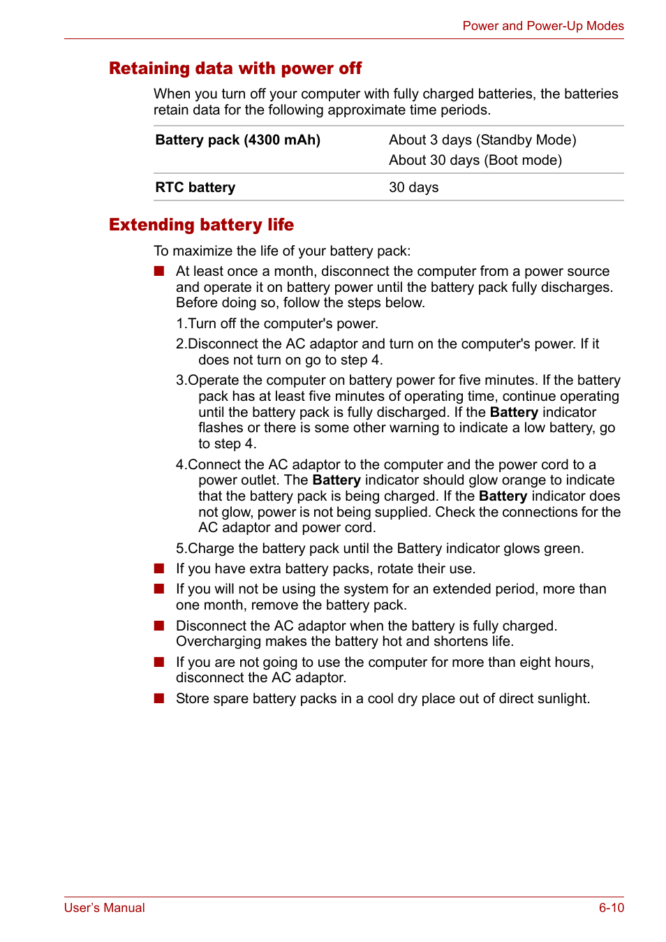 Retaining data with power off, Extending battery life | Toshiba Satellite L10 User Manual | Page 106 / 170