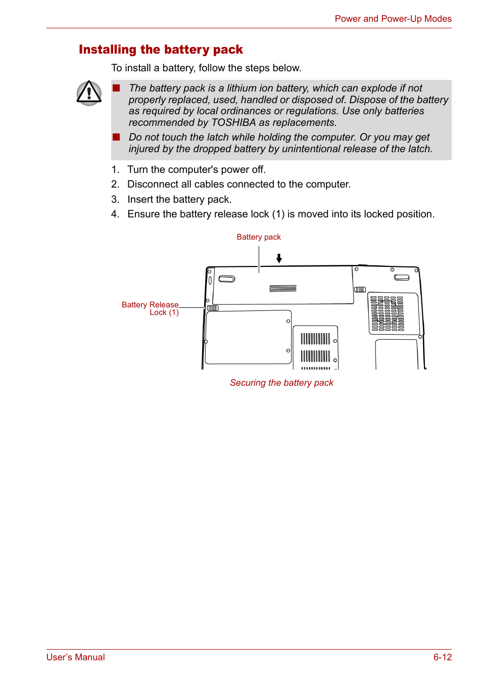 Installing the battery pack, Installing the battery pack -12 | Toshiba Satellite L10 User Manual | Page 108 / 170