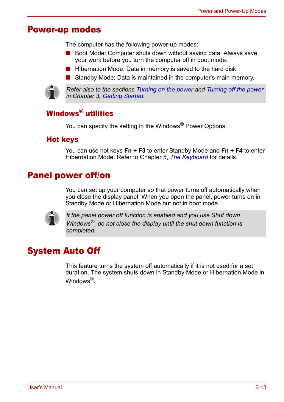 Power-up modes, Windows® utilities, Hot keys | Panel power off/on, System auto off, Power-up modes -13, Windows® utilities -13 hot keys -13, Panel power off/on -13 system auto off -13, Windows, Utilities | Toshiba Satellite L10 User Manual | Page 109 / 170