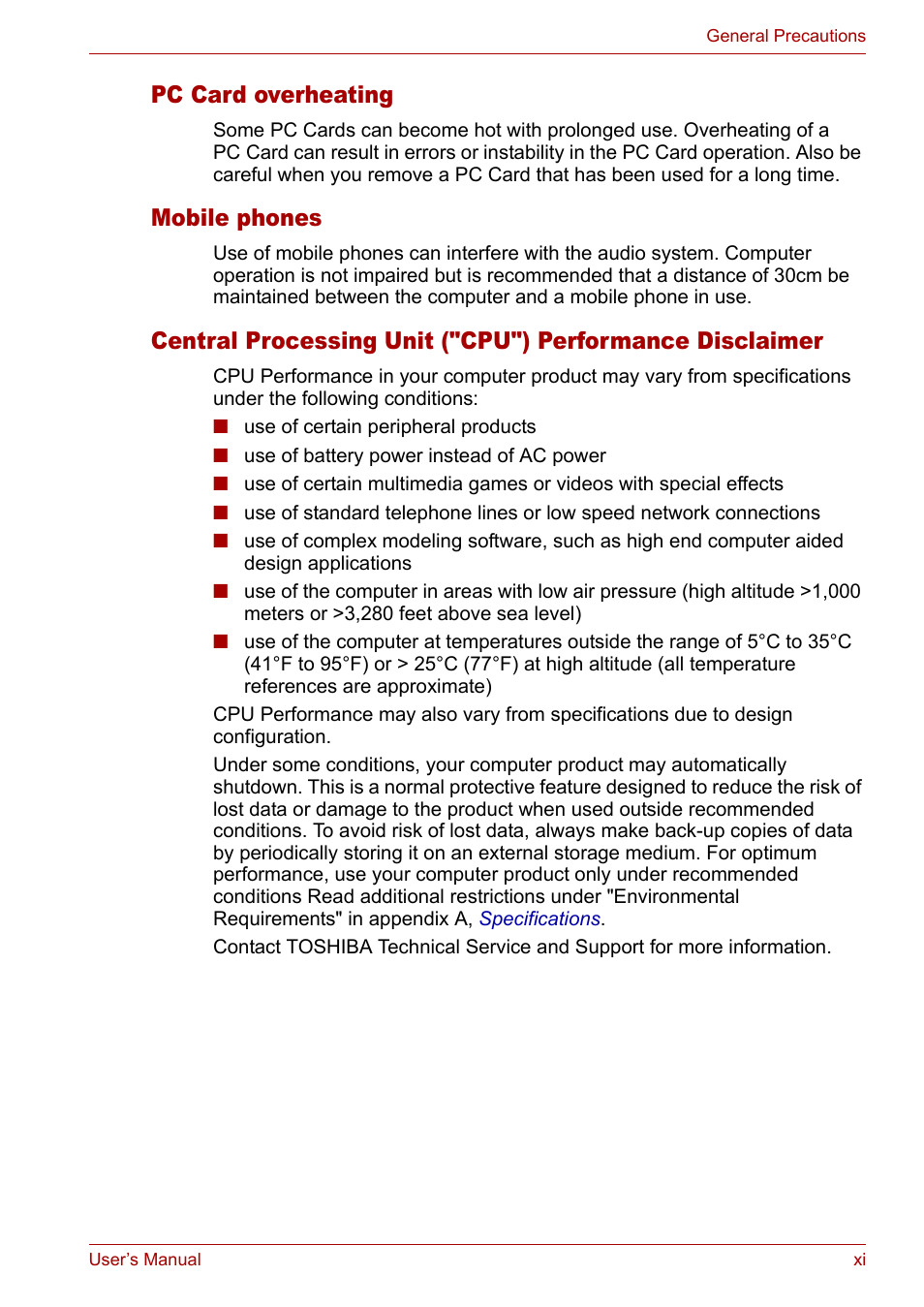 Pc card overheating, Mobile phones | Toshiba Satellite L10 User Manual | Page 11 / 170