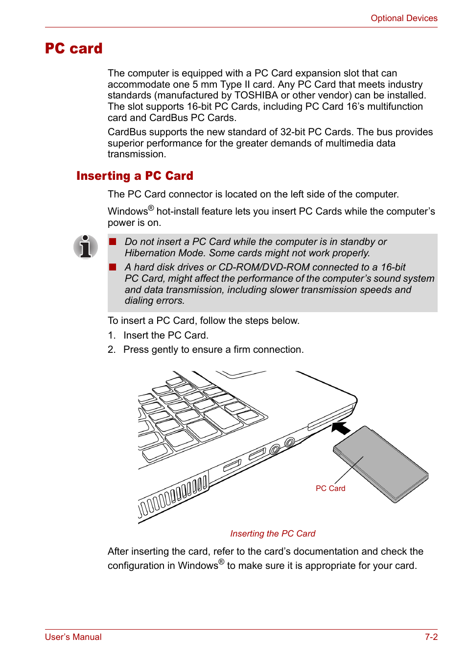 Pc card, Inserting a pc card, Pc card -2 | Inserting a pc card -2 | Toshiba Satellite L10 User Manual | Page 111 / 170