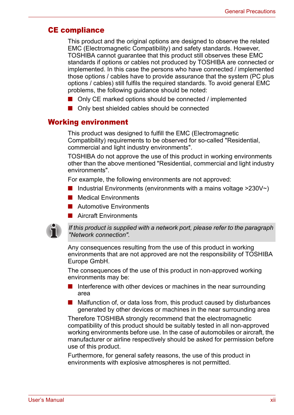 Ce compliance, Working environment | Toshiba Satellite L10 User Manual | Page 12 / 170