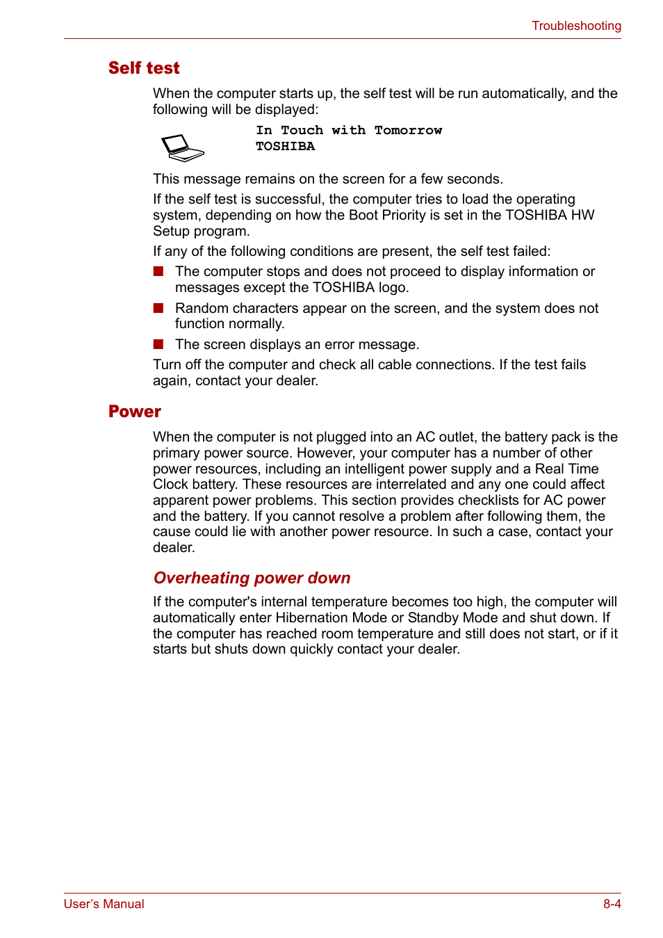 Self test, Power, Self test -4 power -4 | Toshiba Satellite L10 User Manual | Page 123 / 170