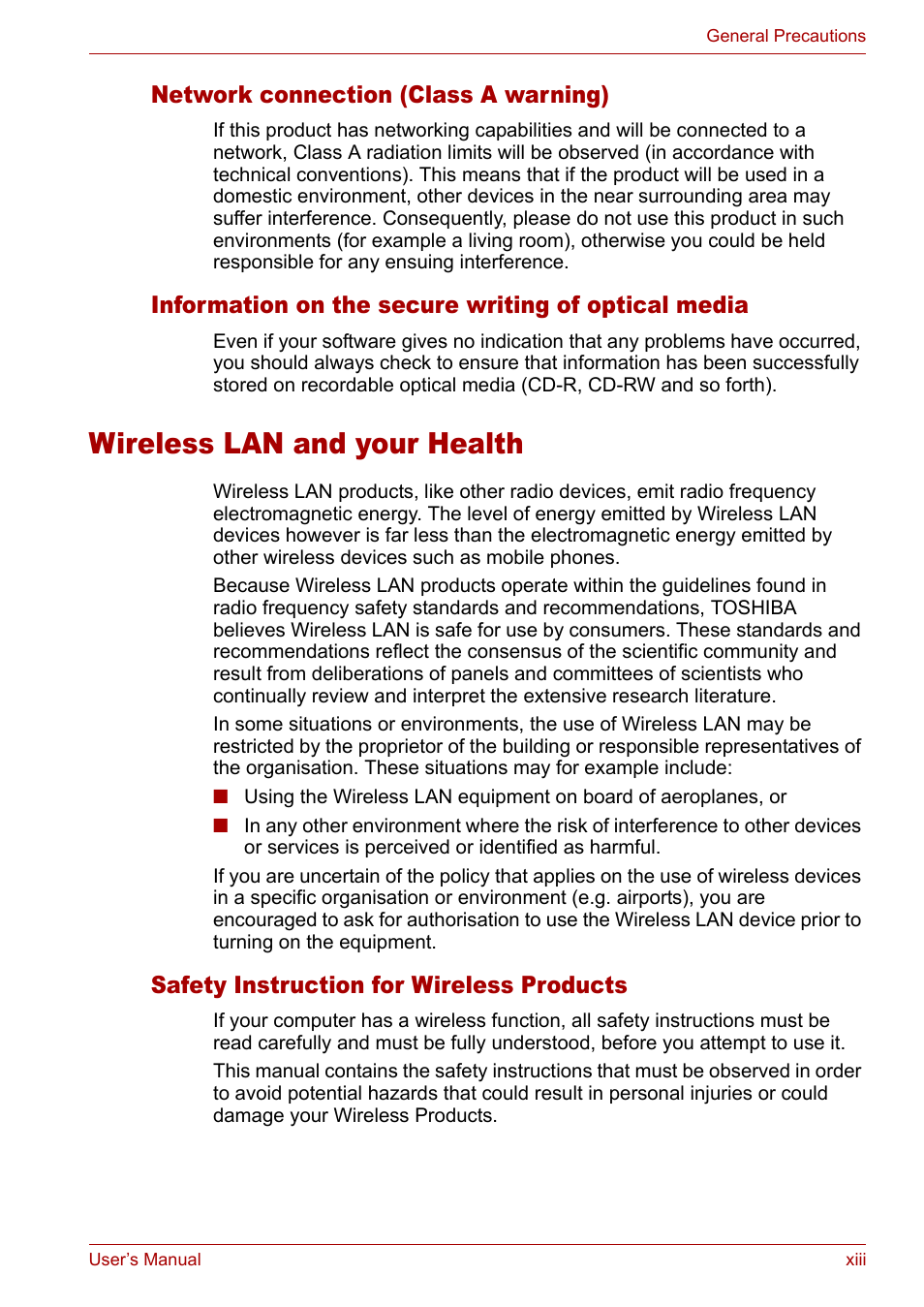 Network connection (class a warning), Information on the secure writing of optical media, Wireless lan and your health | Safety instruction for wireless products | Toshiba Satellite L10 User Manual | Page 13 / 170