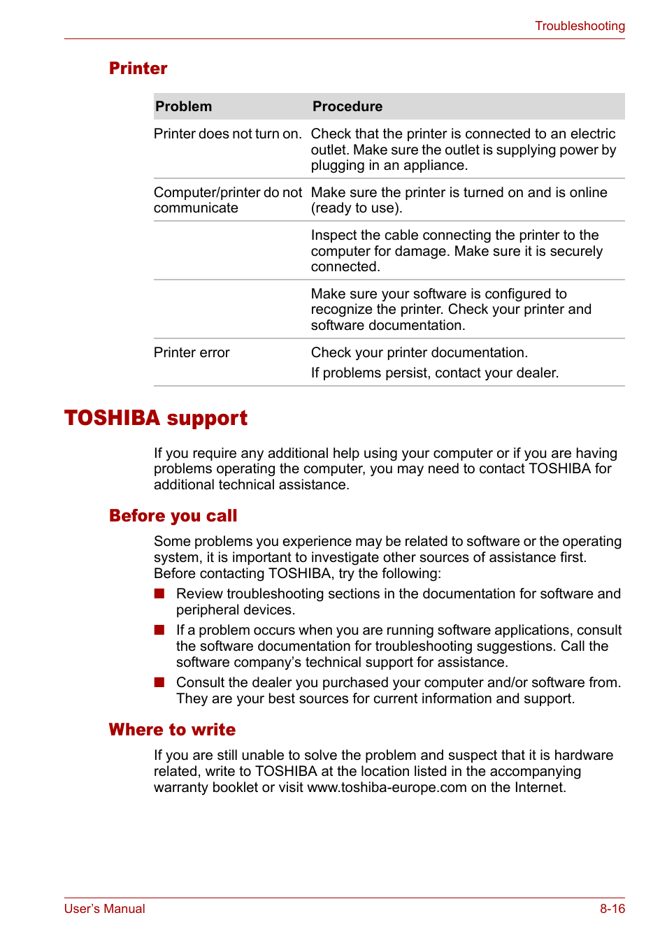 Printer, Toshiba support, Before you call | Where to write, Printer -16, Toshiba support -16, Before you call -16 where to write -16 | Toshiba Satellite L10 User Manual | Page 135 / 170