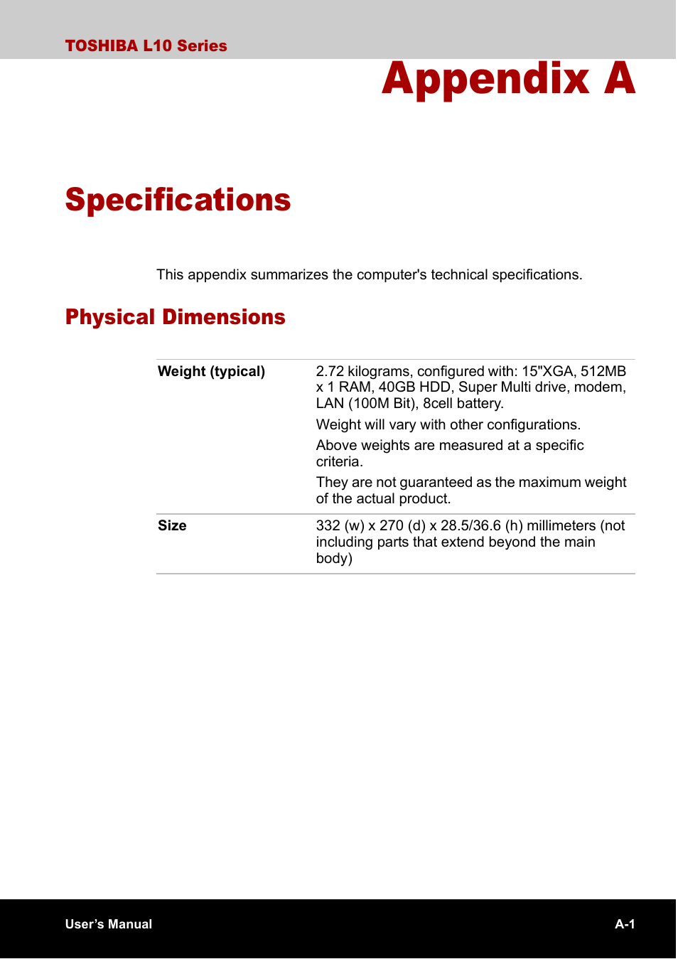 Appendix a specifications, Physical dimensions, Appendix a | Specifications | Toshiba Satellite L10 User Manual | Page 136 / 170