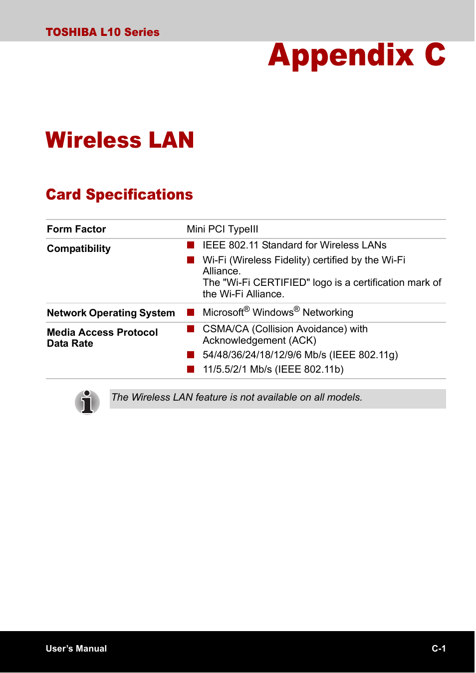 Appendix c wireless lan, Card specifications, Appendix c | Wireless lan | Toshiba Satellite L10 User Manual | Page 147 / 170