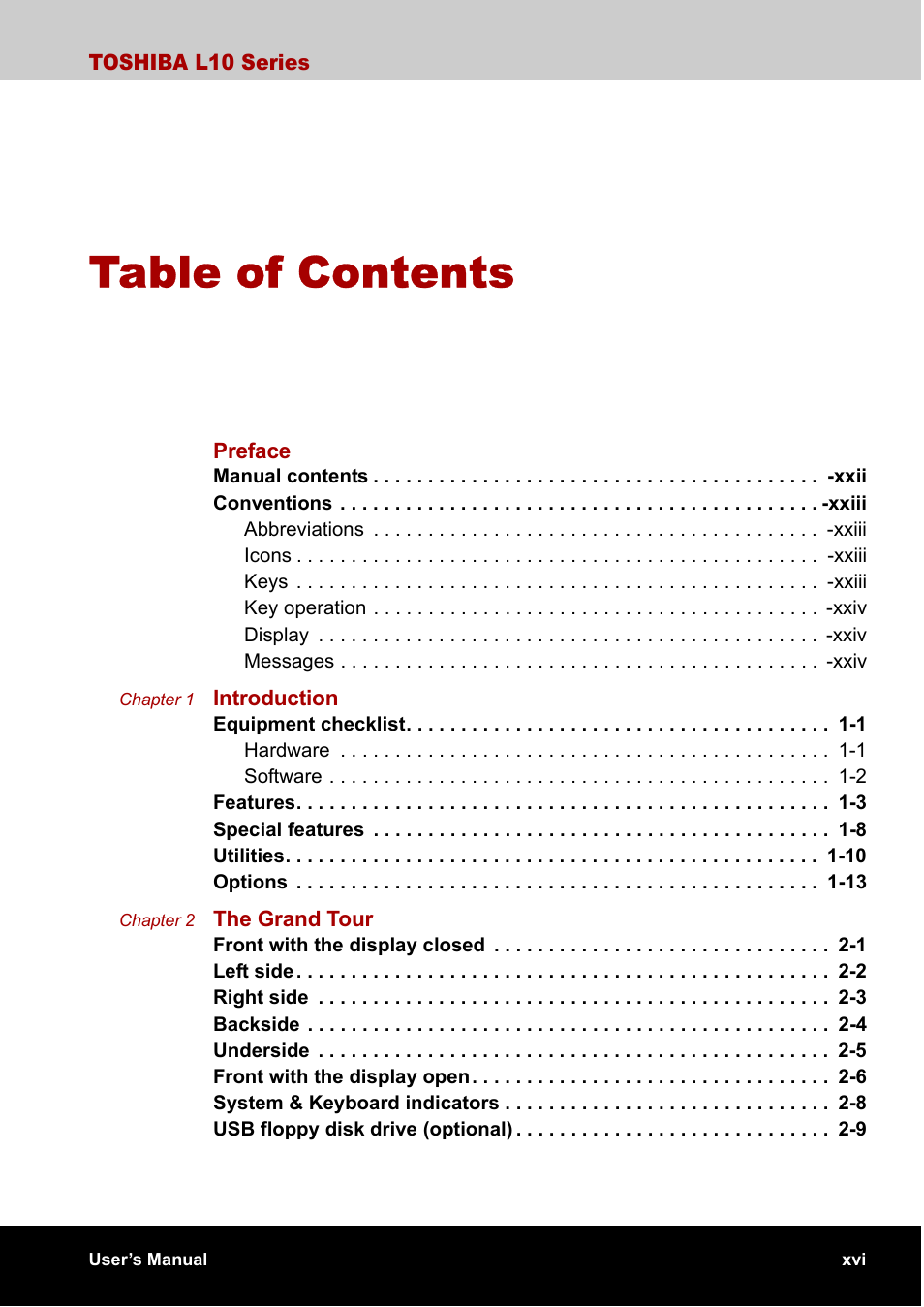 Toshiba Satellite L10 User Manual | Page 16 / 170