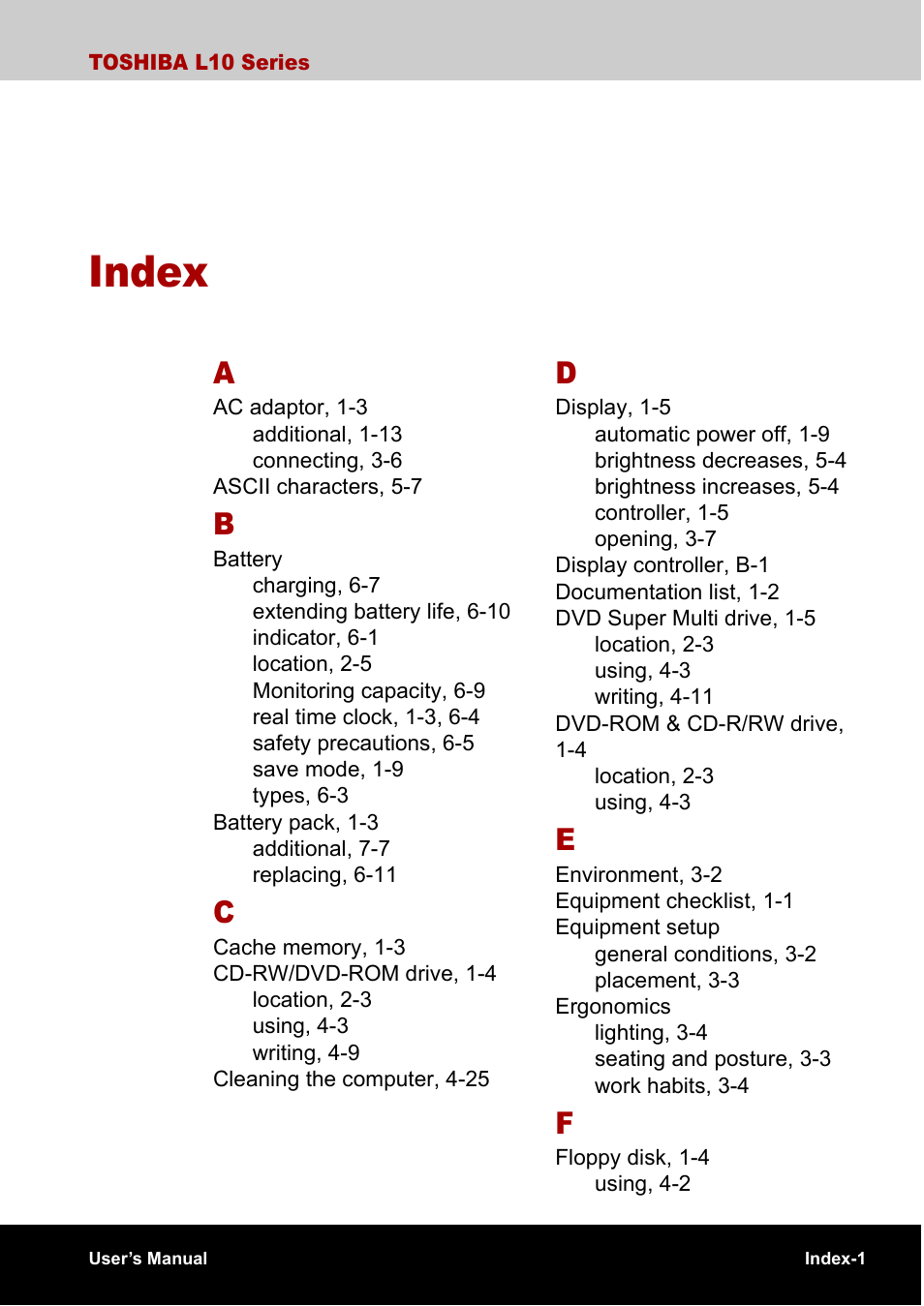 Index | Toshiba Satellite L10 User Manual | Page 167 / 170