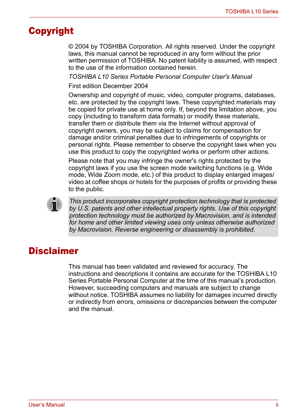 Disclaimer, Copyright | Toshiba Satellite L10 User Manual | Page 2 / 170