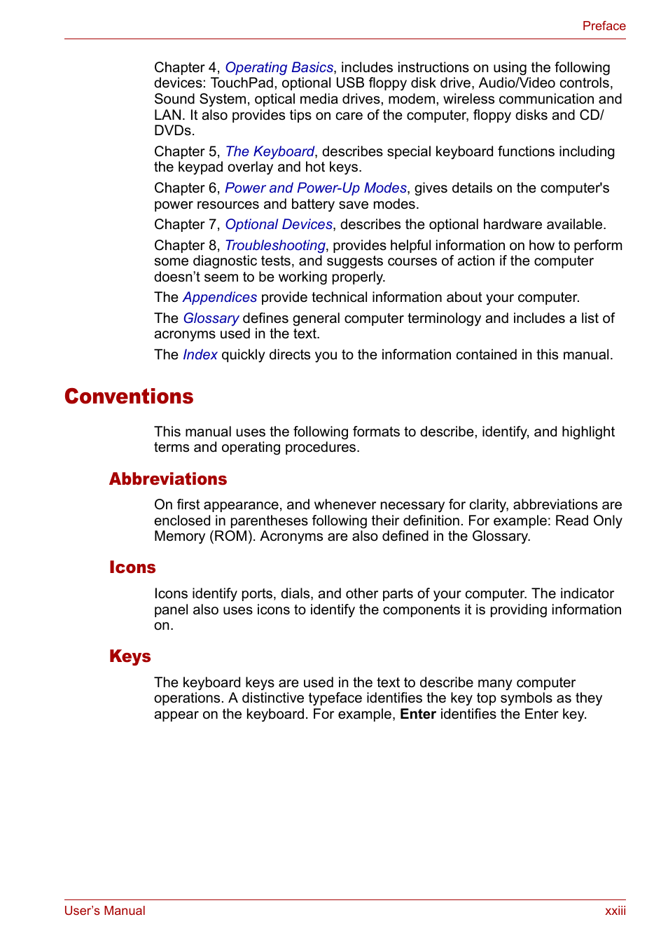 Conventions, Abbreviations, Icons | Keys | Toshiba Satellite L10 User Manual | Page 23 / 170