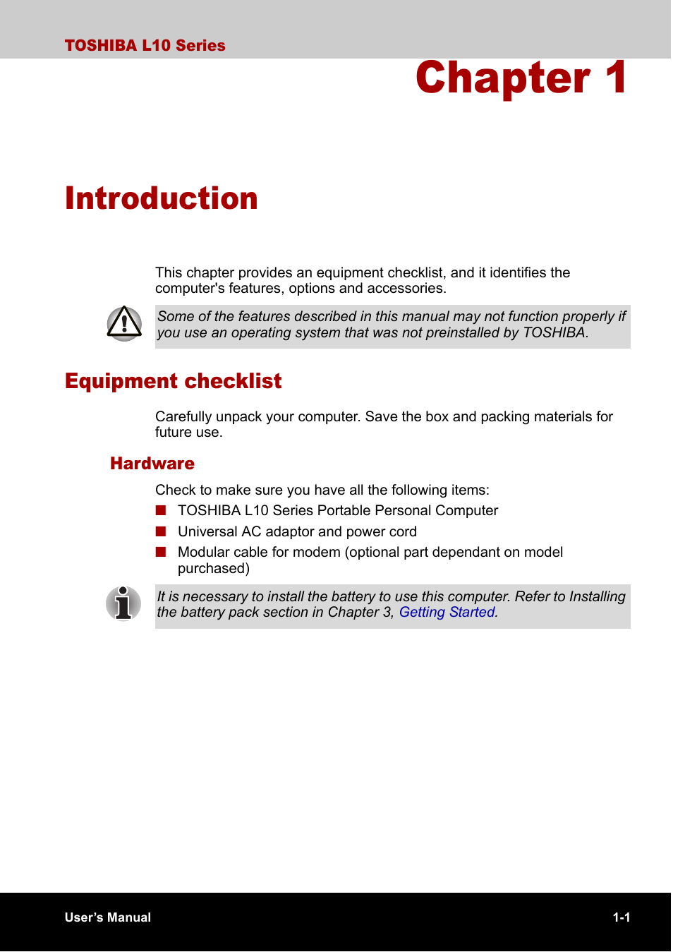 Chapter 1 introduction, Equipment checklist, Hardware | Chapter 1, Introduction, Equipment checklist -1, Hardware -1 | Toshiba Satellite L10 User Manual | Page 25 / 170