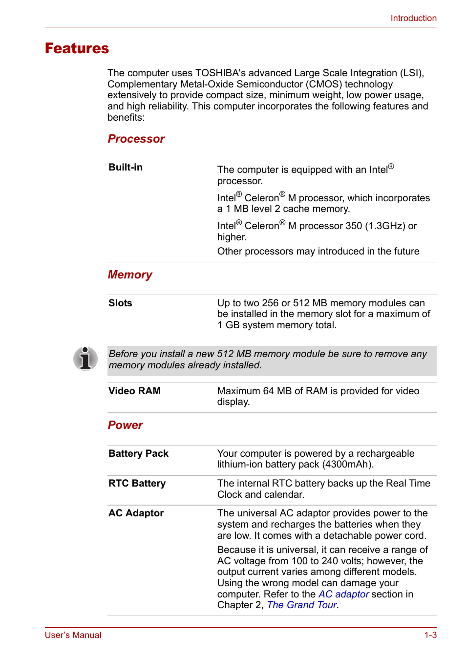 Features, Features -3 | Toshiba Satellite L10 User Manual | Page 27 / 170