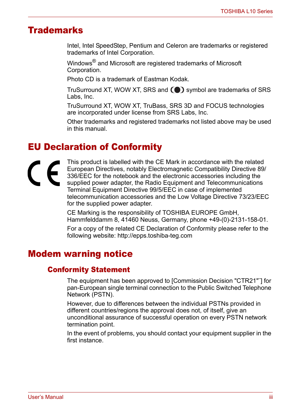 Modem warning notice, Conformity statement, Eu declaration of conformity | Trademarks | Toshiba Satellite L10 User Manual | Page 3 / 170