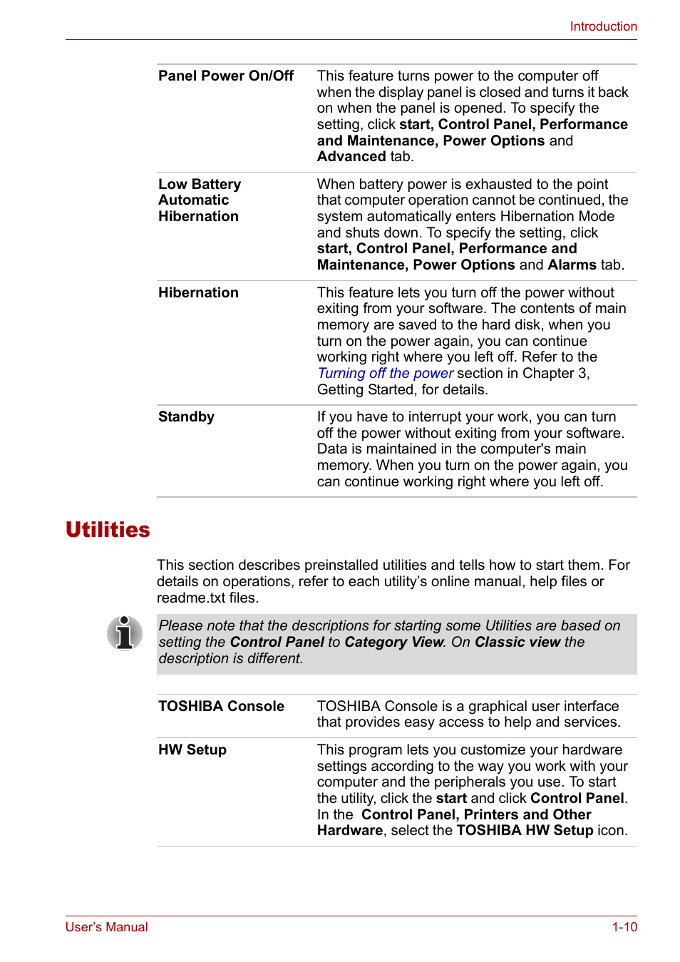 Utilities, Utilities -10, Secti | Toshiba Satellite L10 User Manual | Page 34 / 170