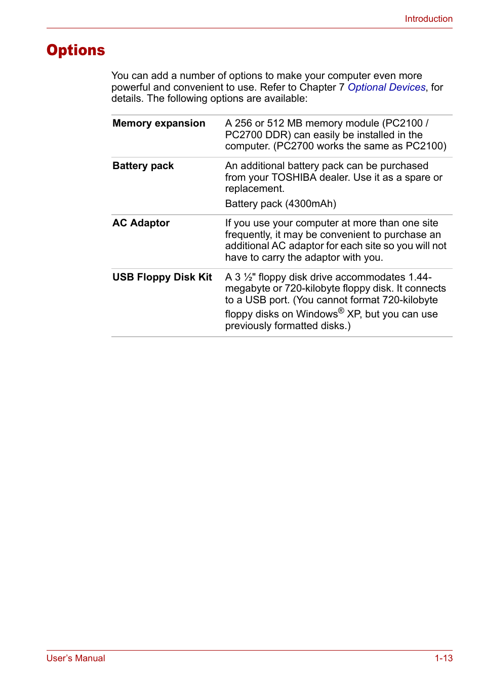 Options, Options -13 | Toshiba Satellite L10 User Manual | Page 37 / 170