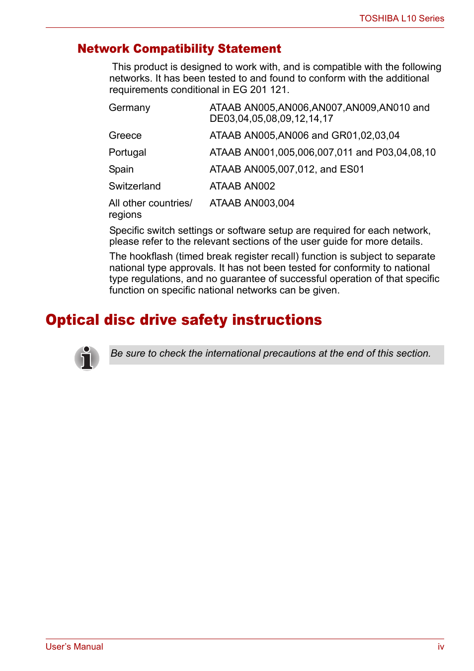 Optical disc drive safety instructions, Network compatibility statement | Toshiba Satellite L10 User Manual | Page 4 / 170