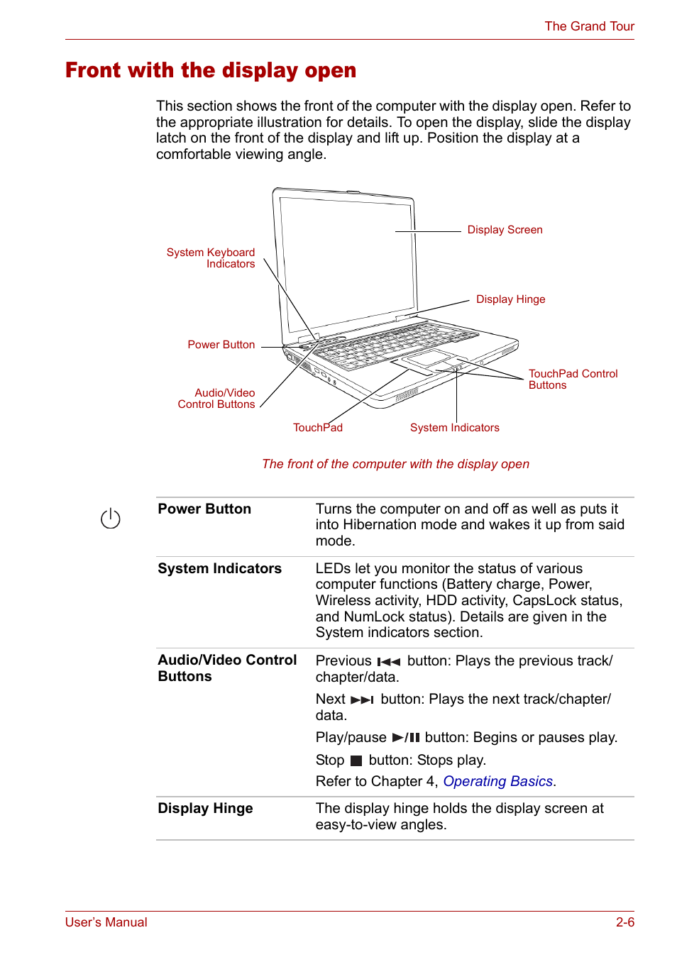 Front with the display open, Front with the display open -6 | Toshiba Satellite L10 User Manual | Page 43 / 170