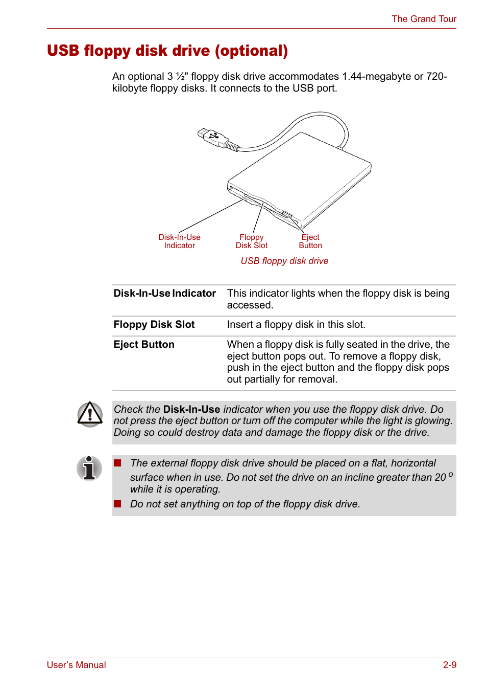 Usb floppy disk drive (optional), Usb floppy disk drive (optional) -9 | Toshiba Satellite L10 User Manual | Page 46 / 170