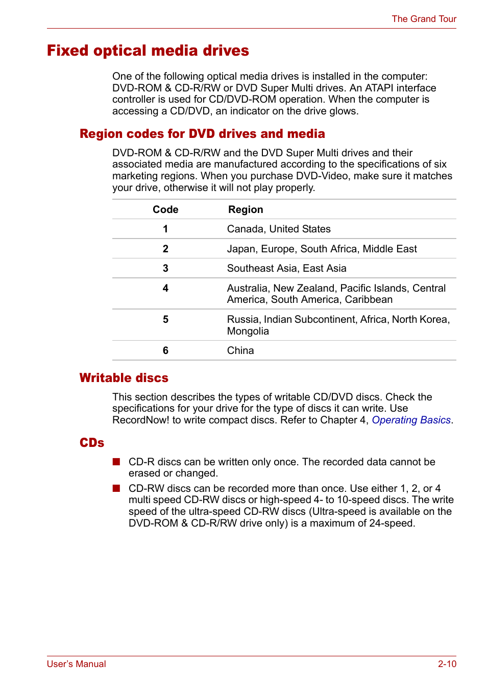 Fixed optical media drives, Region codes for dvd drives and media, Writable discs | Fixed optical media drives -10 | Toshiba Satellite L10 User Manual | Page 47 / 170