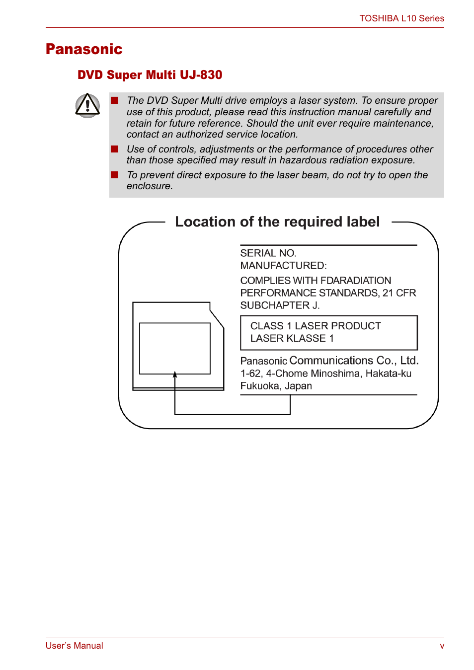Panasonic, Dvd super multi uj-830 | Toshiba Satellite L10 User Manual | Page 5 / 170