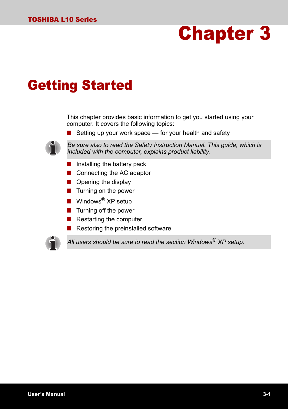 Chapter 3 getting started, Chapter 3, Getting started | Provi | Toshiba Satellite L10 User Manual | Page 51 / 170