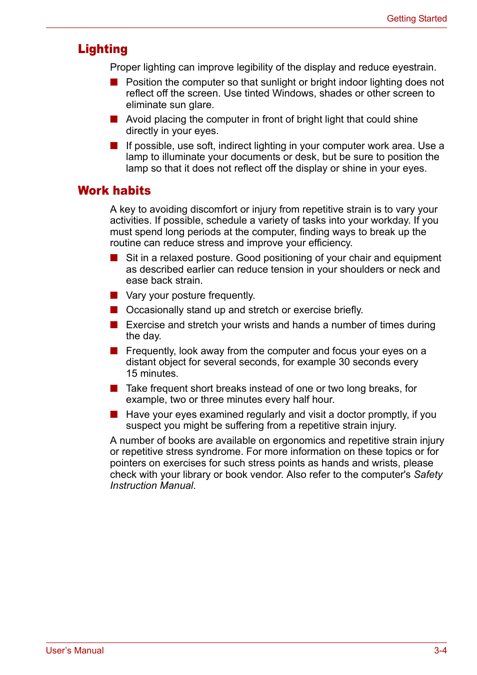 Lighting, Work habits, Lighting -4 work habits -4 | Toshiba Satellite L10 User Manual | Page 54 / 170