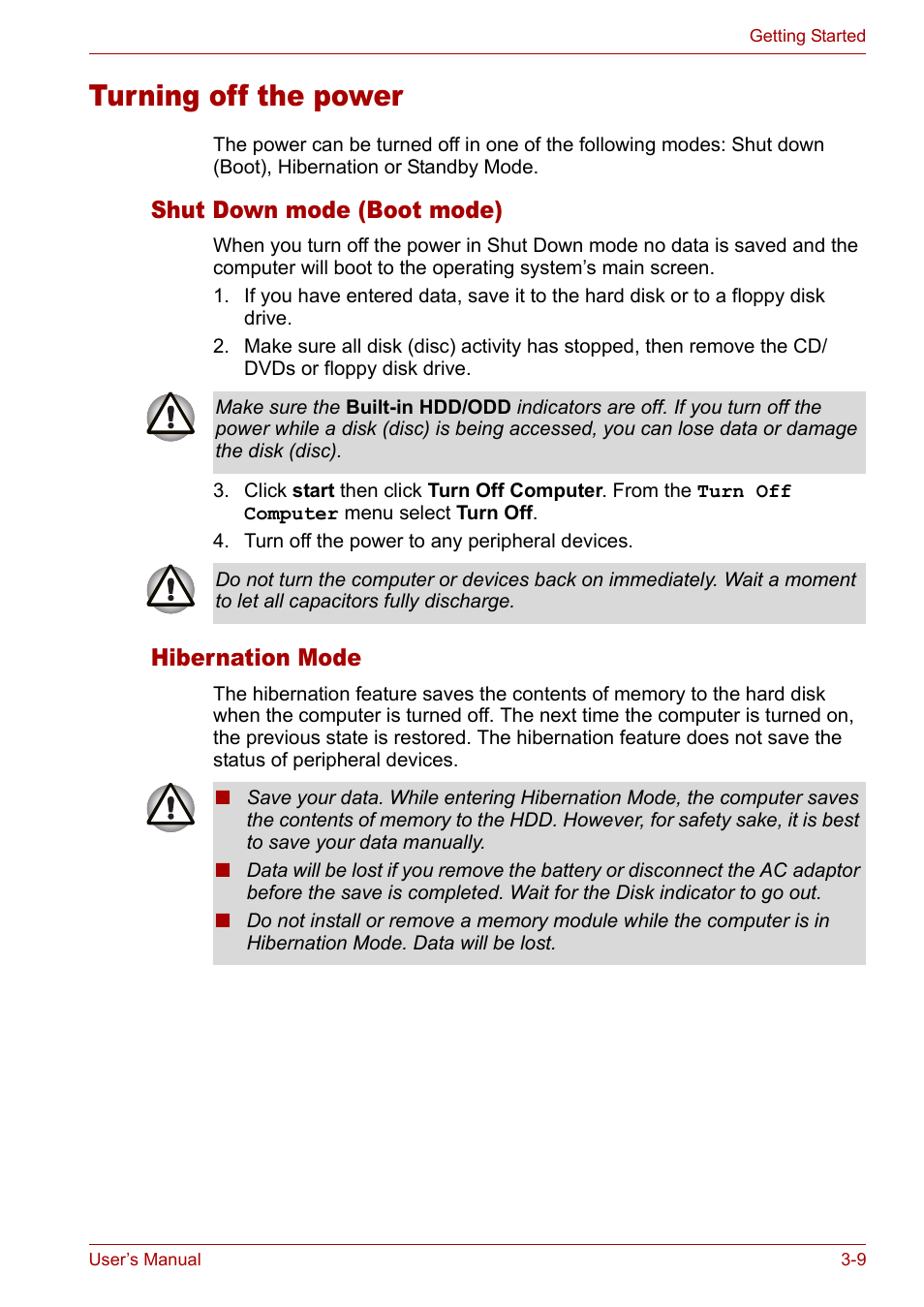 Turning off the power, Shut down mode (boot mode), Hibernation mode | Turning off the power -9, Shut down mode (boot mode) -9 hibernation mode -9 | Toshiba Satellite L10 User Manual | Page 59 / 170