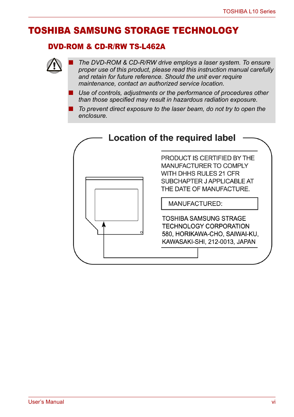 Toshiba samsung storage technology, Dvd-rom & cd-r/rw ts-l462a | Toshiba Satellite L10 User Manual | Page 6 / 170